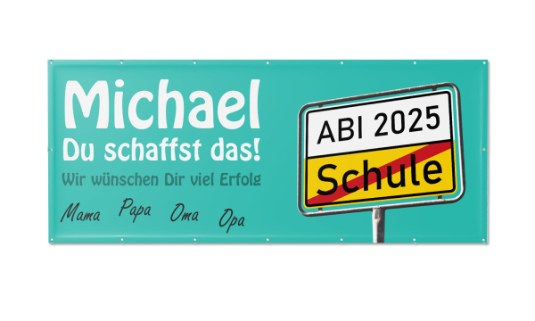 Motivbanner Abi mit Ortsschild und Name in türkis